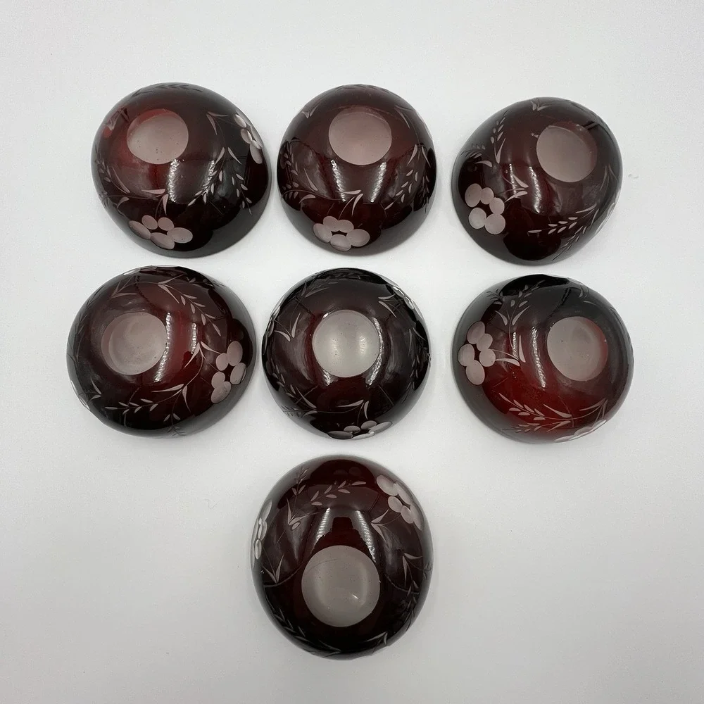 Set of‎ 7 Hand Blown Bohemian Ruby Cut to Clear Glass Bowls Floral Wheat Bubbles